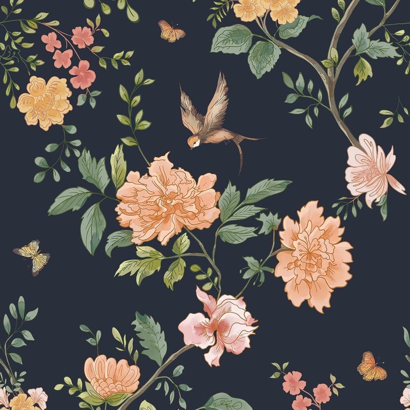 Froluya Dark Blue Floral Peel and Stick Wallpaper Vintage Floral Contact Paper 16.9” x 393.7” Bird Wallpaper Peel and Stick Boho Flowers Self Adhesive Removable Waterproof Wall Paper for Bathroom - Image 1